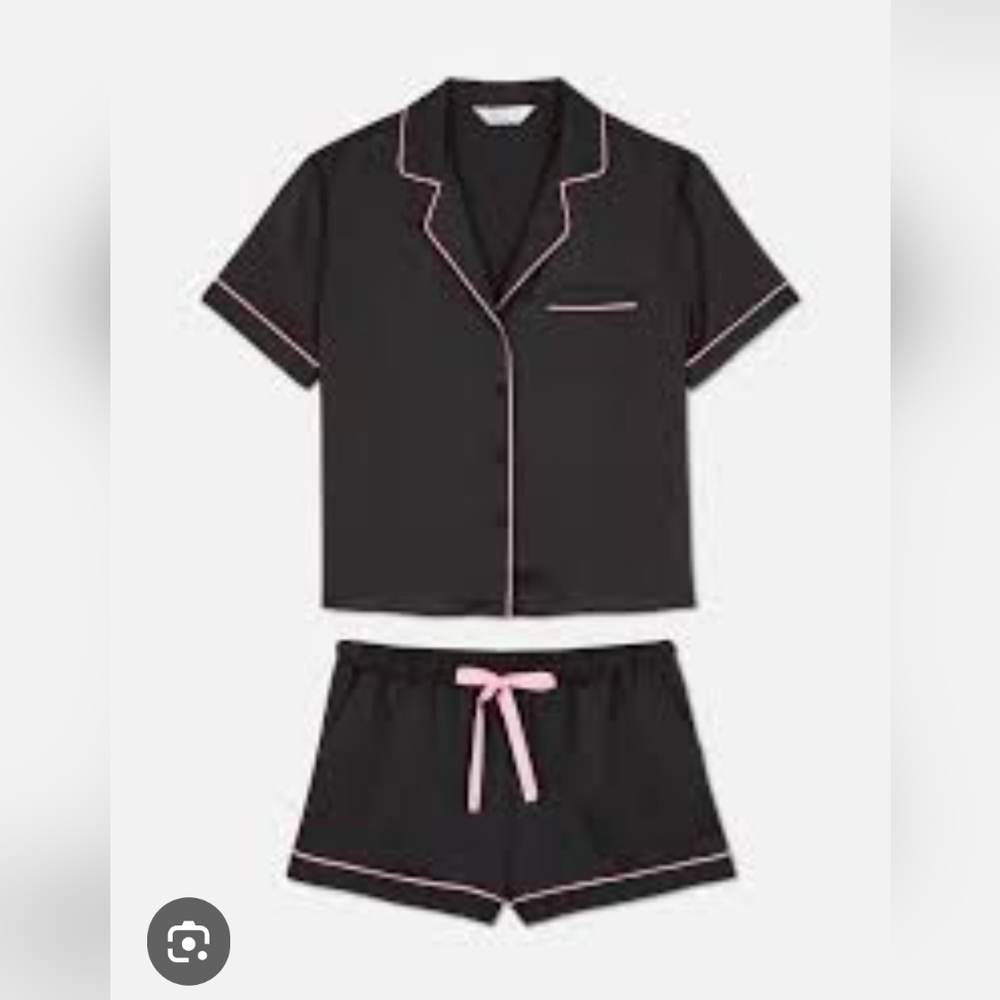 Black Satin Pajama Set with Pink Accents - Picture 4 of 7